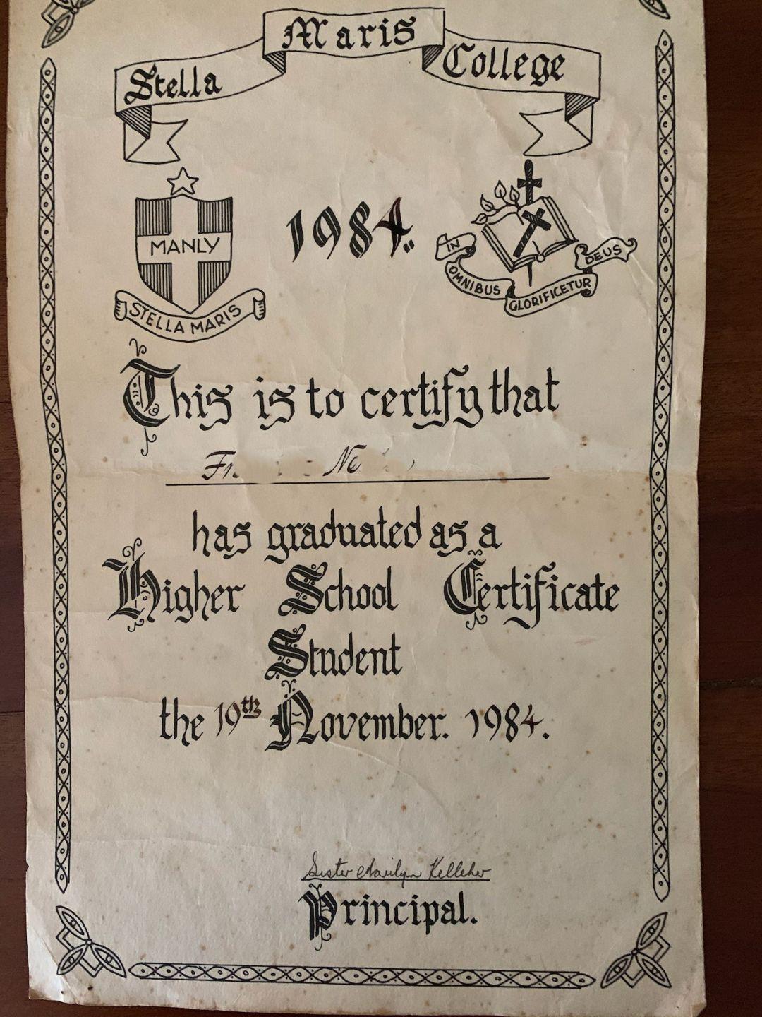 1984 hsc certificate name obscured