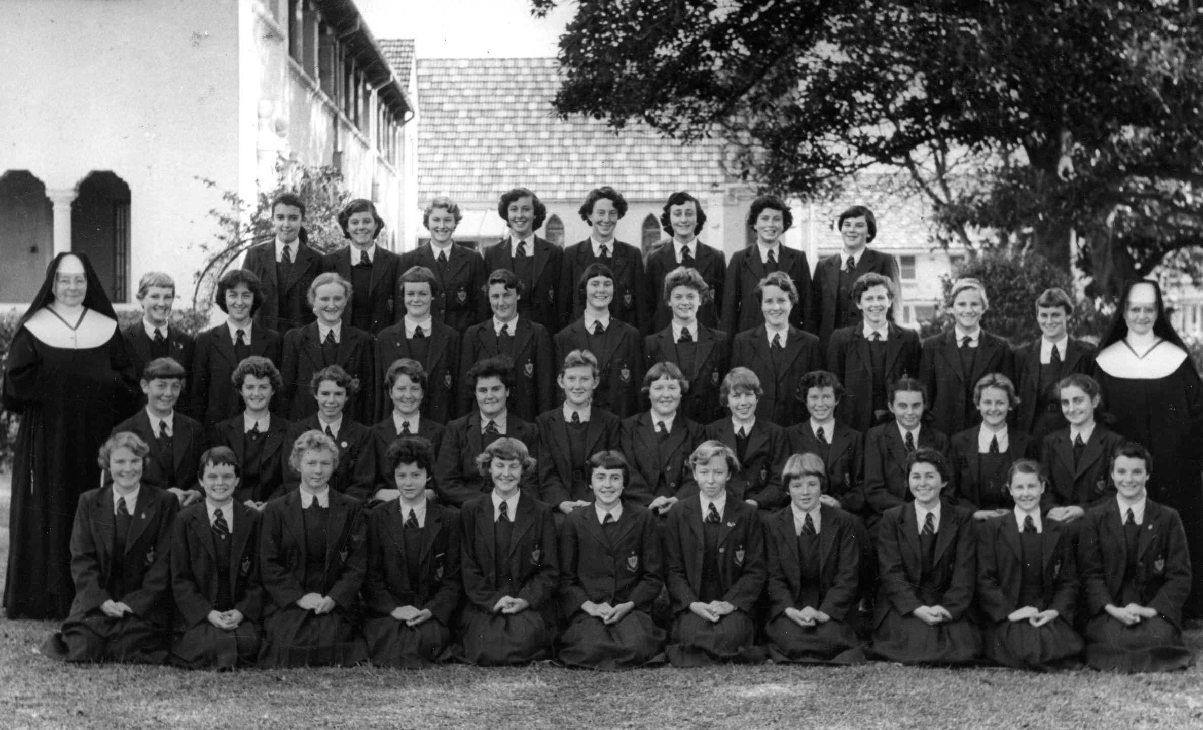 Stella Maris Class photo with Srs Philomena O Brien and Sabina Shinnick 1956